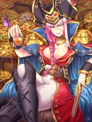  black_footwear blue_eyes boots braid breasts cape chalice cleavage commentary_request cup drinking_glass fate/extra fate/grand_order fate_(series) female francis_drake_(fate) francis_drake_(third_ascension)_(fate) gem gold gun hat highres holding holding_gun holding_weapon jewelry knee_boots large_breasts long_hair looking_at_viewer pink_hair pirate_hat scar shao_(newton) smile solo treasure_chest weapon 