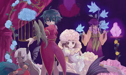  4girls asellus_(saga_frontier) bad_id bad_pixiv_id bird bracelet breasts brown_hair curly_hair dark-skinned_female dark_skin dress elbow_gloves flower gloves green_hair hair_flower hair_ornament horns ikko117 japanese_clothes jewelry long_hair medium_breasts mermaid mesarthim monster_girl multiple_girls princess_rei princess_white_rose purple_hair rose saga saga_frontier short_hair sideboob smile topless vampire white_flower white_rose 