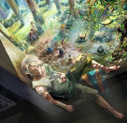  barefoot beth blonde_hair brown_hair capri_pants closed_eyes colin_(zelda) commentary_request haikibustu highres ilia_(zelda) link malo multiple_boys multiple_girls nature pants pointy_ears sleeping talo the_legend_of_zelda the_legend_of_zelda:_twilight_princess 