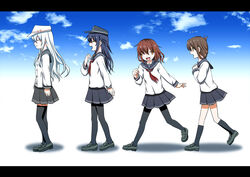  4girls akatsuki_(kancolle) black_pantyhose black_socks black_thighhighs brown_eyes brown_hair closed_eyes cloud commentary_request folded_ponytail grey_hair hair_up hammer_and_sickle hat hibiki_(kancolle) ikazuchi_(kancolle) inazuma_(kancolle) kantai_collection letterboxed long_hair long_sleeves multiple_girls one_eye_closed open_mouth pantyhose photoshop_(medium) school_uniform serafuku short_hair sky smile socks star_(symbol) sumeragi_seisuke thighhighs verniy_(kancolle) zettai_ryouiki 