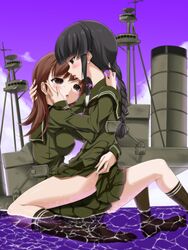  2girls :p black_eyes black_hair blunt_bangs blush braid brown_eyes brown_hair clothes_lift commentary_request hand_on_another&#039;s_cheek hand_on_another&#039;s_face highres hug kantai_collection kitakami_(kancolle) kitakami_kai_(kancolle) kneehighs long_hair multiple_girls ooi_(kancolle) ooi_kai_(kancolle) school_uniform serafuku sidelocks skirt skirt_lift socks thighs tongue tongue_out toron_(mino106) water yuri 