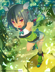  animal_ears bare_shoulders black_hair boots chains commentary_request cutoffs dark-skinned_female dark_skin detached_sleeves earrings female foreshortening forest from_above fur_trim hair_between_eyes jewelry knee_boots namanie nature oerba_yun_fang official_art outstretched_arms photoshop_(medium) red_eyes short_hair short_shorts shorts smile solo spread_arms tail tenka_touitsu_chronicle zipper 