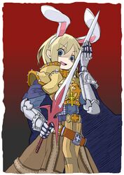  animal_ears armor belt blonde_hair blue_eyes cape commentary_request crazy_smile cross cross_necklace crusader_(ragnarok_online) empty_eyes extra_ears female gauntlets jewelry necklace rabbit_ears ragnarok_online roo_san short_hair smile solo sword weapon 