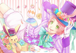  1boy braid brown_hair candy commentary_request egg food gloves green_eyes hat i-chu lollipop male_focus minato_kanata rabirabi_(i-chu) ribbon shorts single_braid smile solo stuffed_animal stuffed_rabbit stuffed_toy tonosen top_hat white_gloves 