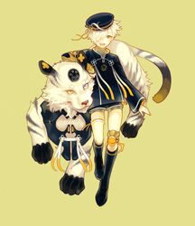  1boy absurdres animal chesunatto commentary_request gokotai gokotai&#039;s_tigers gokotai_(kiwame) hair_over_one_eye heterochromia highres kneehighs long_sleeves looking_at_viewer male_focus military military_uniform open_mouth shorts smile socks solo tail thigh_strap tiger touken_ranbu uniform wavy_hair white_hair white_tiger yellow_background yellow_eyes 