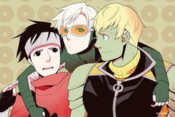  3boys avengers black_eyes black_hair blonde_hair blue_eyes cape earrings gloves green_eyes hulkling jewelry marvel multiple_boys silver_hair simple_background smile speed wiccan young_avengers 