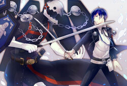  1boy blue_eyes blue_hair chains commentary_request digital_media_player evoker gekkoukan_high_school_uniform headphones male_focus mentaishi persona persona_3 school_uniform solo sword thanatos_(persona) weapon yuuki_makoto_(persona_3) 