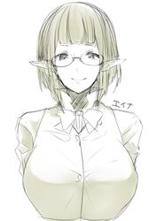  bow bowtie breasts character_name commentary_request dungeon_ni_deai_wo_motomeru_no_wa_machigatteiru_darou_ka eina_tulle elf female glasses large_breasts looking_at_viewer monochrome pointy_ears short_hair simple_background smile solo touki_(tsuitta) upper_body vest white_background yellow_theme 