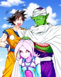  &gt;_&lt; :d bad_id bad_pixiv_id black_hair black_sclera cape closed_eyes cloud collarbone colored_sclera colored_skin day dougi dragon_ball dragon_ball_xenoverse dragon_ball_z female female_majin green_skin hand_on_another&#039;s_head hand_on_own_hip mirai_senshi muraosa_(conjecture) namekian open_mouth outdoors piccolo pink_skin pointy_ears sky smile son_goku spiked_hair teeth turban wristband xd 