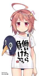  &gt;:( ahoge bird blush clothes_writing collarbone commentary_request cosplay cowboy_shot dated downscaled failure_penguin female frown futaba_anzu futaba_anzu_(cosplay) hair_ornament highres i-58_(kancolle) idolmaster idolmaster_cinderella_girls kantai_collection kuro_chairo_no_neko md5_mismatch off_shoulder paw_print pink_hair red_eyes resized resolution_mismatch school_swimsuit shirt short_hair short_sleeves simple_background solo source_larger stuffed_animal stuffed_penguin stuffed_toy swimsuit swimsuit_under_clothes t-shirt translated twitter_username v-shaped_eyebrows white_background you_work_you_lose 