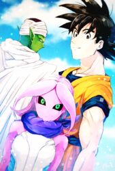  bad_id bad_pixiv_id black_eyes black_hair black_sclera cape cloud colored_sclera colored_skin day dougi dragon_ball dragon_ball_xenoverse dragon_ball_z female female_majin green_skin looking_back mirai_senshi muraosa_(conjecture) namekian outdoors piccolo pink_skin pointy_ears sky smile son_goku spiked_hair turban 