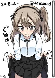  absurdres arrow_(symbol) black_bow black_bowtie black_ribbon black_skirt bow bowtie brown_eyes casual closed_mouth clothes_lift collared_shirt commentary cowboy_shot cursor dated fake_scrollbar female frown gameplay_mechanics girls_und_panzer hair_ribbon high-waist_skirt highres layered_skirt lifting_own_clothes light_brown_hair logo long_hair long_sleeves looking_at_viewer medium_skirt one-hour_drawing_challenge one_side_up ribbon shiina_excel shimada_arisu shirt signature skirt skirt_lift solo standing suspender_skirt suspenders tearing_up translated twitter_username white_shirt 