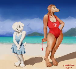  anthro avoid_posting beach breasts canid canine canis cleavage clothed clothing cloud conditional_dnp deersun detailed_background domestic_dog dress duo eyebrows eyelashes female hair hair_over_eye hand_on_hip hunting_dog lifeguard looking_at_viewer maltese mammal one-piece_swimsuit one_eye_obstructed outside saluki sand sea seaside sighthound sky sundress swimwear toy_dog water wet_hair whistle_(disambiguation) whistle_(object) wide_hips 