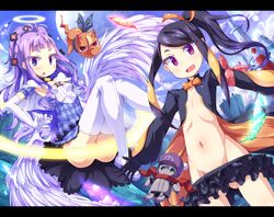  black_hair elbow_gloves flat_chest halo ishii666 navel pariet ponytail purple_eyes purple_hair spinel summon_night summon_night_5 thighhighs wings 