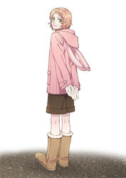  1boy animal_hood blonde_hair boots braid brown_footwear brown_hair commentary_request from_behind full_body fur-trimmed_boots fur_boots fur_trim green_eyes hood i-chu looking_at_viewer looking_back male_focus minato_kanata photoshop_(medium) rabbit_hood shima108 shorts single_braid smile solo 