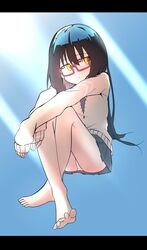  absurdres barefoot black_hair blush bural_chingu cardigan commentary_request feet female full_body glasses hair_between_eyes highres ju_hyeon-mi korean_commentary letterboxed long_hair necktie panties red-framed_eyewear school_uniform skirt solo underwear white_panties wweed yellow_eyes 