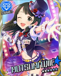  artist_request black_hair card_(medium) character_name earrings female gem_(symbol) gloves grey_eyes hat idolmaster idolmaster_cinderella_girls jewelry microphone official_art one_eye_closed solo top_hat ujiie_mutsumi 