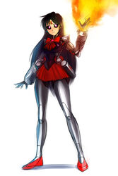  android arm_cannon bishoujo_senshi_sailor_moon black_hair black_sclera colored_sclera commentary english_commentary female fire flamethrower forehead_jewel hino_rei long_hair magical_girl mechanization psuede red_skirt robot_ears sailor_mars sailor_senshi_uniform skirt solo tiara weapon white_background 