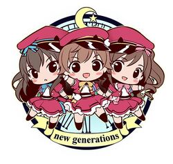  3girls blush chibi clock commentary crescent dekitate_evo!_revo!_generation!_(idolmaster) english_text hat honda_mio idolmaster idolmaster_cinderella_girls moon multiple_girls new_generations_(idolmaster) ninamo outside_border ribbon round_image shibuya_rin shimamura_uzuki star_(symbol) 