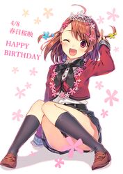  ;d ahoge bad_id bad_pixiv_id black_socks braid brown_footwear brown_hair censored character_name cropped_jacket dated female floral_background flower flower_necklace hair_flower hair_ornament happy_birthday jewelry kasuga_sae kneehighs natsu_natsuna necklace one_eye_closed open_mouth purple_eyes ribbon shoes sitting skirt smile socks solo tiara trinity_tempo 