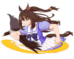  absurdres animal_ears brown_hair commentary_request el_condor_pasa_(umamusume) female grin highres horse_ears horse_girl horse_tail long_hair looking_at_viewer mask minata_(axl19941120) name_connection photoshop_(medium) pleated_skirt ponytail school_uniform serafuku skirt smile solo tail tracen_school_uniform umamusume 