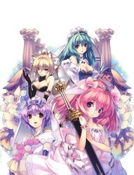  4girls agarest_senki_(series) agarest_senki_2 aina_(agarest_senki) animal_ears bare_shoulders blonde_hair bow breasts bridal_veil bride brown_eyes choker cleavage dress felenne_(agarest_senki) fiona_(agarest_senki) flower frills gloves green_hair hairbow hirano_katsuyuki jewelry lily_(flower) long_hair medium_breasts multiple_girls necklace official_art pink_hair purple_eyes purple_hair short_hair smile sword veil victoria_(agarest_senki) weapon wedding_dress 