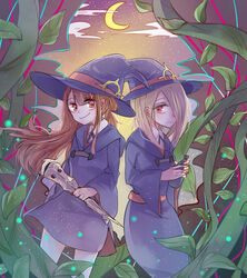  2girls bottle brown_hair cloud commentary_request crescent_moon gingya hair_over_one_eye hat holding holding_bottle holding_wand kagari_atsuko light_brown_hair little_witch_academia long_hair looking_at_viewer moon multiple_girls night night_sky outdoors plant potion red_eyes school_uniform shiny_rod_(little_witch_academia) sky smile standing sucy_manbavaran wand witch_hat 