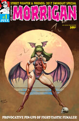  1960s_(style) 2017 adapted_costume animal_print barefoot bat_print bat_wings bridal_gauntlets cosplay cover cover_page demon_girl elbow_gloves female full_body gloves green_hair head_wings joe_vriens low_wings morrigan_aensland one-piece_swimsuit parody photoshop_(medium) print_leotard retro_artstyle signature solo style_parody swimsuit udon_entertainment vampire_(game) vampirella vampirella_(character) vampirella_(character)_(cosplay) wings 