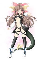  alternate_costume black_panties black_thighhighs bodysuit bow breasts brown_eyes brown_hair center_opening commentary_request cosplay dizzy_(guilty_gear) dizzy_(guilty_gear)_(cosplay) dragon_tail female guilty_gear hair_ribbon hair_tubes hairbow hakurei_reimu highres kamiya_tomoe large_breasts long_hair midriff navel open_mouth over-kneehighs panties photoshop_(medium) red_bow revealing_clothes ribbon smile solo tail thighhighs touhou underboob underwear very_long_hair 