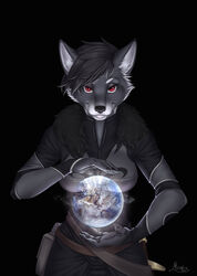  2016 5_fingers absurd_res anthro black_hair black_nose breasts canid canine canis clothed clothing coyote digital_media_(artwork) female fingers fur grey_body grey_fur hair hi_res mammal moon-s red_eyes solo standing tarja_esterdottir 