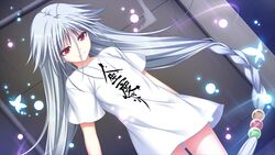  character_request female game_cg grey_hair long_hair narumi_suzune shijo_yuki shirt tojita_sekai_no_tori_colony yellow_eyes 