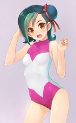  breasts commentary_request female green_hair hair_bun highres mizuki_kotori_(yu-gi-oh!) multicolored_hair photoshop_(medium) ribbon school_swimsuit short_hair single_hair_bun small_breasts swimsuit turtleneck two-tone_hair wacchi yu-gi-oh! yu-gi-oh!_zexal 