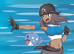  a.k.o.t. armband bandana bare_shoulders black_gloves breasts commentary_request covered_nipples crop_top dark_skin female gloves halterneck long_hair medium_breasts midriff navel open_mouth outstretched_hand poke_ball poke_ball_(basic) pokemon pokemon_(creature) pokemon_oras purple_eyes purple_hair sash spheal team_aqua team_aqua_grunt 