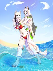  absurd_res anthro beach bikini breasts canid canine carrying_another clothed clothing duo female grungecandy hi_res mammal open_mouth outside piggyback seaside smile swimwear vindictiivespet 