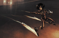  alita battle_angel_alita black_hair commentary cyberpunk cyborg english_commentary facial_mark female no_nipples nude psuede science_fiction sepia short_hair skating solo 