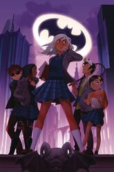  2boys 3girls bat_(symbol) batman_(series) black_eyes black_hair blazer book brother_and_sister brown_eyes brown_hair colton_rivera dark_skin dc_comics gargoyle gotham_academy hair_clip hood hoodie kyle_mizoguchi maps_mizoguchi mingjue_helen_chen multiple_boys multiple_girls necktie olive_silverlock plaid_skirt pomeline_fritch school_uniform short_hair siblings silver_hair skirt socks student sunglasses sweater_vest tennis_racket torn_pantyhose two-tone_hair vest visor white_legwear 