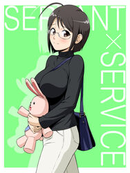  ahoge bag between_breasts black_hair blush breasts commentary_request female glasses handbag ichikawa_masahiro large_breasts looking_at_viewer momoi_kenzou servant_x_service short_hair smile strap_between_breasts stuffed_animal stuffed_rabbit stuffed_toy sweater yamagami_lucy 