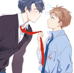  1boy age_regression aged_down artist_name bad_id bad_twitter_id blue_hair brown_eyes brown_hair female gekkan_shoujo_nozaki-kun green_eyes height_difference hori_masayuki kashima_yuu mery_(yangmalgage) necktie necktie_grab neckwear_grab profile reverse_trap sanpaku short_hair star_(symbol) sweatdrop white_background 