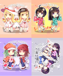  6+girls araragi_tsukihi bakemonogatari black_hanekawa chibi chocho_(homelessfox) commentary_request doughnut dress dual_persona food glasses goggles goggles_on_head hanekawa_tsubasa hat helmet jacket japanese_clothes kimono kuchinawa monogatari_(series) multiple_girls naoetsu_high_school_uniform nekomonogatari nisemonogatari oshino_shinobu otorimonogatari overalls photoshop_(medium) school_uniform sengoku_nadeko snake sun_hat yukata 