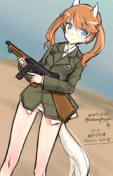  amefre animal_ears blue_eyes cat_ears cat_tail female francie_gerard gun highres holding holding_gun holding_weapon long_hair long_sleeves military military_uniform orange_hair panties smile solo star strike_witches submachine_gun tail trigger_discipline twintails twitter_username underwear uniform weapon white_panties 