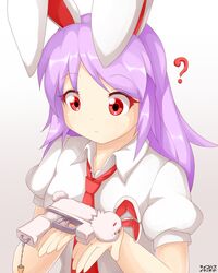  :&lt; ? advent_cirno animal_ears carrot closed_mouth collared_shirt commentary english_commentary female gun handgun lunatic_gun necktie psychopath_idiot puffy_short_sleeves puffy_sleeves purple_hair rabbit_ears red_eyes red_necktie reisen_udongein_inaba shirt short_sleeves solo touhou upper_body weapon white_background white_shirt 