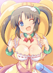  ;d backpack bag bell blue_eyes breasts brown_hair choker cleavage collarbone commentary_request dress female green_choker hamster highres large_breasts looking_at_viewer minori_(senran_kagura) neck_bell oerba_yun_fang one_eye_closed open_mouth ribbon-trimmed_clothes ribbon_trim senran_kagura smile solo twintails upper_body vzmk2 yellow_dress 