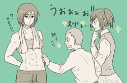  1boy 2girls abs black_eyes conny_springer mikasa_ackerman monochrome multiple_girls muscle ponytail sasha_braus sasha_browse shingeki_no_kyojin short_hair simple_background 