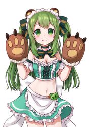  :p animal_ears animare apron arm_garter armpit_crease bad_id bad_pixiv_id bare_shoulders bear_ears bear_girl bear_paws blush bow bowtie breasts choker cleavage closed_mouth commentary_request cowboy_shot crop_top cross-laced_clothes detached_collar female frilled_skirt frills green_bow green_bowtie green_choker green_eyes green_hair green_skirt green_theme hairbow hands_up highres hinokuma_ran long_hair looking_at_viewer maid maid_apron maid_headdress maka_neko medium_breasts midriff miniskirt nanashi_inc. navel palms sidelocks simple_background skirt sleeveless smile solo standing stomach striped_bow striped_bowtie striped_clothes tareme tongue tongue_out two_side_up virtual_youtuber white_background white_bow 