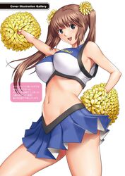  action_pizazz armpit_crease arms_up blue_eyes breasts brown_hair cheerleader female hand_on_own_hip highres large_breasts long_hair looking_at_viewer midriff navel open_mouth pleated_skirt pom_pom_(cheerleading) saigado shiny_skin simple_background skirt sleeveless smile solo translation_request twintails white_background 