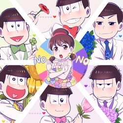  6+boys bad_id bad_twitter_id brown_hair dress english_text female flower formal hair_ribbon highres looking_at_another low_twintails male_harem matsuno_choromatsu matsuno_ichimatsu matsuno_jyushimatsu matsuno_karamatsu matsuno_osomatsu matsuno_todomatsu mery_(yangmalgage) multiple_boys osomatsu-kun osomatsu-san osomatsu_(series) ribbon rose sextuplets short_twintails six_shame_faces straight suit sunflower twintails white_suit yowai_totoko 