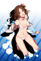  amakata_miho bad_id bad_pixiv_id bikini brown_eyes brown_hair female flower free! hair_flower hair_ornament hibiscus jacket long_hair meron navel solo swimsuit white_bikini 