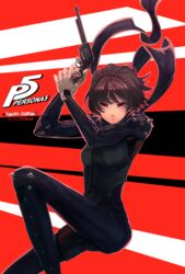  armor artist_name bodysuit braid brown_hair character_name commentary_request copyright_name crown_braid ctiahao female gun highres holding holding_gun holding_weapon looking_at_viewer niijima_makoto persona persona_5 red_eyes scarf short_hair skin_tight smile solo weapon 