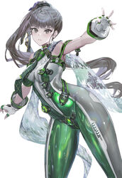  black_hair bodysuit breasts brown_eyes covered_navel eve_(stellar_blade) female green_bodysuit highres large_breasts long_hair looking_at_viewer outstretched_arm planet_diving_suit_(7th)_(stellar_blade) shiny_clothes solo stellar_blade thighs very_long_hair yoshimoto_(dear_life) 