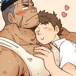  2boys :&lt; =_= bara beard_stubble blank_eyes blue_hair blush cross_scar dark-skinned_male dark_skin eyebrow_stubble facial_hair from_side hairy hand_on_another&#039;s_chest highres large_pectorals live_a_hero loving_aura male_focus male_protagonist_(live_a_hero) mature_male multicolored_hair multiple_boys muscular muscular_male nervous_sweating pectoral_cleavage pectorals saruhiko_(mtmnkmn) scar scar_on_cheek scar_on_face scar_on_forehead short_hair shy sideburns_stubble size_difference sparse_arm_hair sparse_chest_hair sparse_stubble stubble sweat tank_top thick_eyebrows thick_neck tusks two-tone_hair undercut white_tank_top yaoi yoshiori_(live_a_hero) 